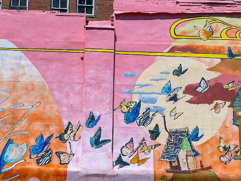 Mural of butterflies and a house in Hot Springs, Arkansas